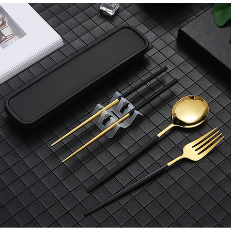 Set Alat Makan Korea Stainless, Box Sendok Garpu Sumpit Gold Oval 4 in 1 Portable-4
