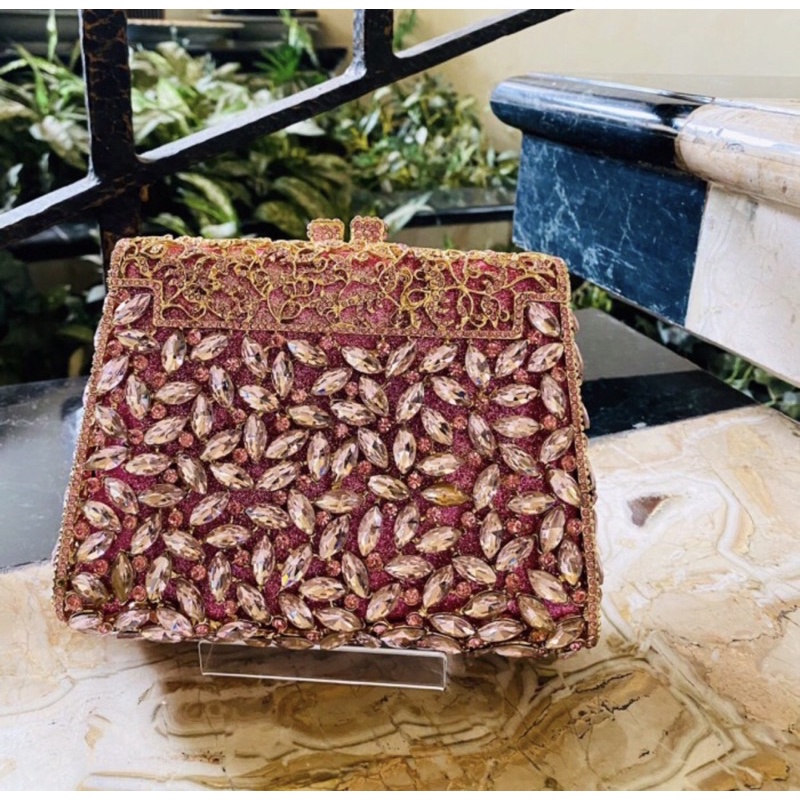 Tas Pesta / Rossini Clutch Swarovski Pink 18 Mewah Cantik