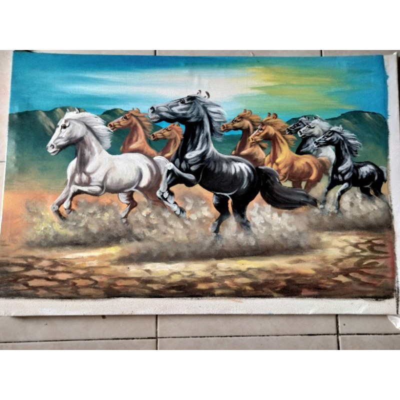 Lukisan Feng Shui 9 Kuda Berlari Uk Kanvas 138cm X 97cm Shopee Indonesia