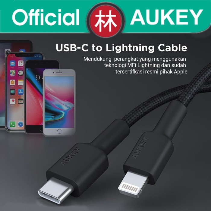 Aukey Cable CB-CL1 Braided Nylon MFi USB C to Lightning 1,2m