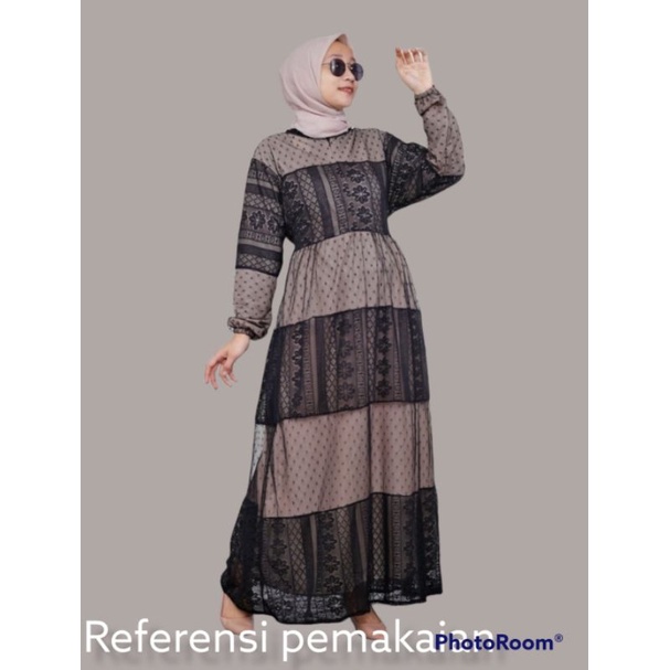 Gamis Pesta Brukat Kombi Tile Dot Full Furing Mewah