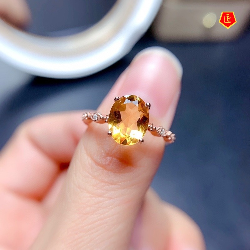 [Ready Stock]Elegant Women's Natural Oval Citrine Ring 18K Rose Gold