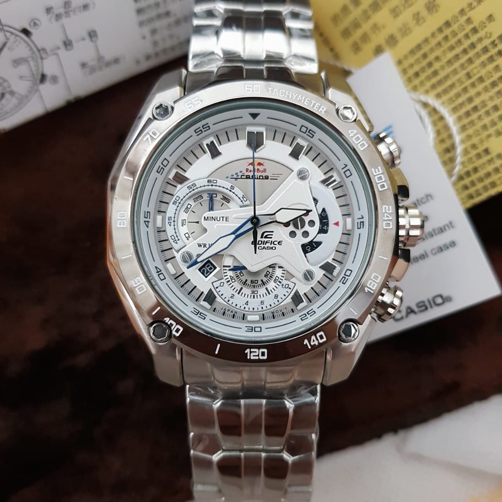 JAM TANGAN PRIA CASIO EDIFICE EF-550 EF550 REDBULL SILVER STAINLESS CHRONO QUARTZ BOX ORIGINAL GARAN