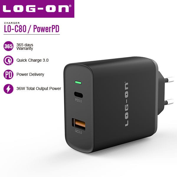 CASAN CHARGER LO-C80 POWERPD QUALCOM  3.0 - POWER DELIVERY USB C -36W ORIGINAL - LOG ON