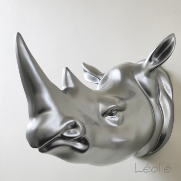 Leolle Hiasan Dinding | Patung Pajangan Fengshui Kepala Badak Rhino Silver