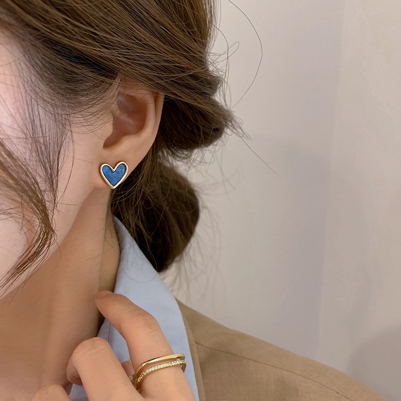 Biru berbentuk Hati klip telinga tanpa tindik wanita desain anting-anting temperamen telinga studs B