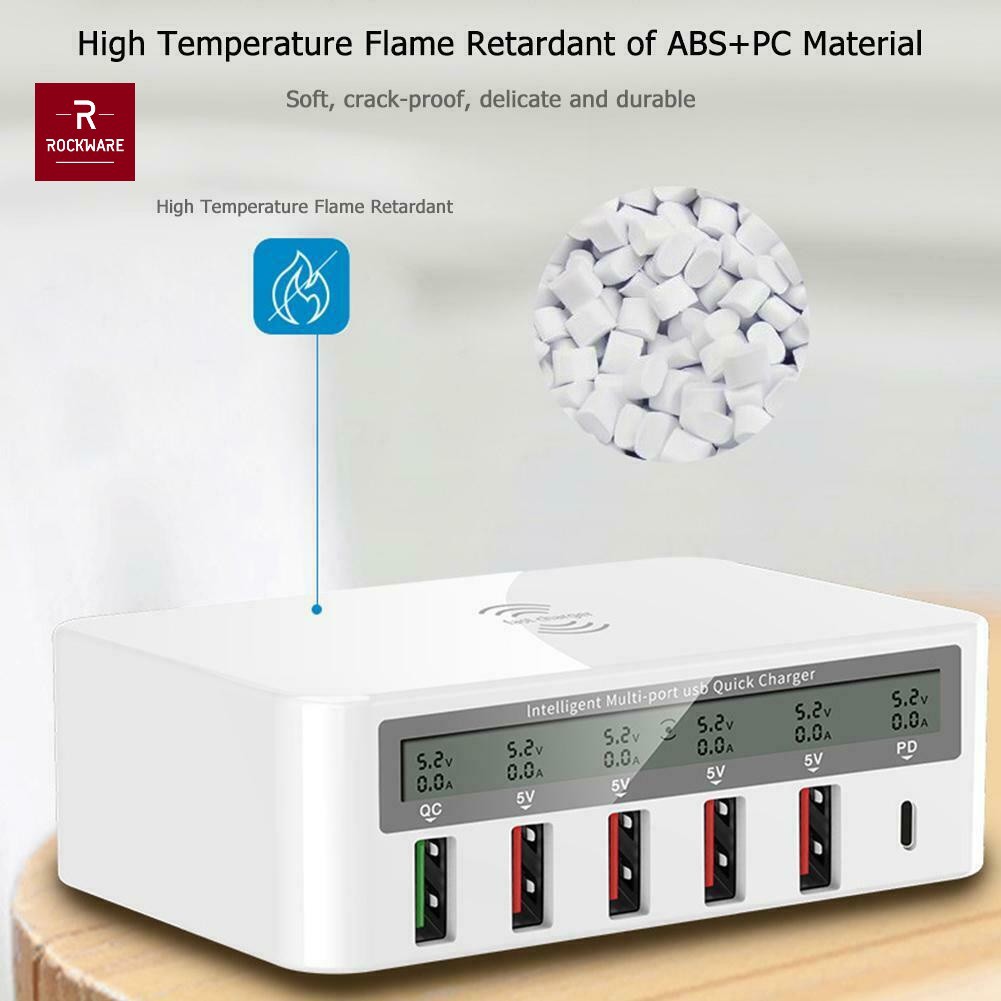 ROCKWARE 818PF Charger 5 USB-A and 1 PD 18W Wireless Charge - 100W 8A - Charger Multiport Universal