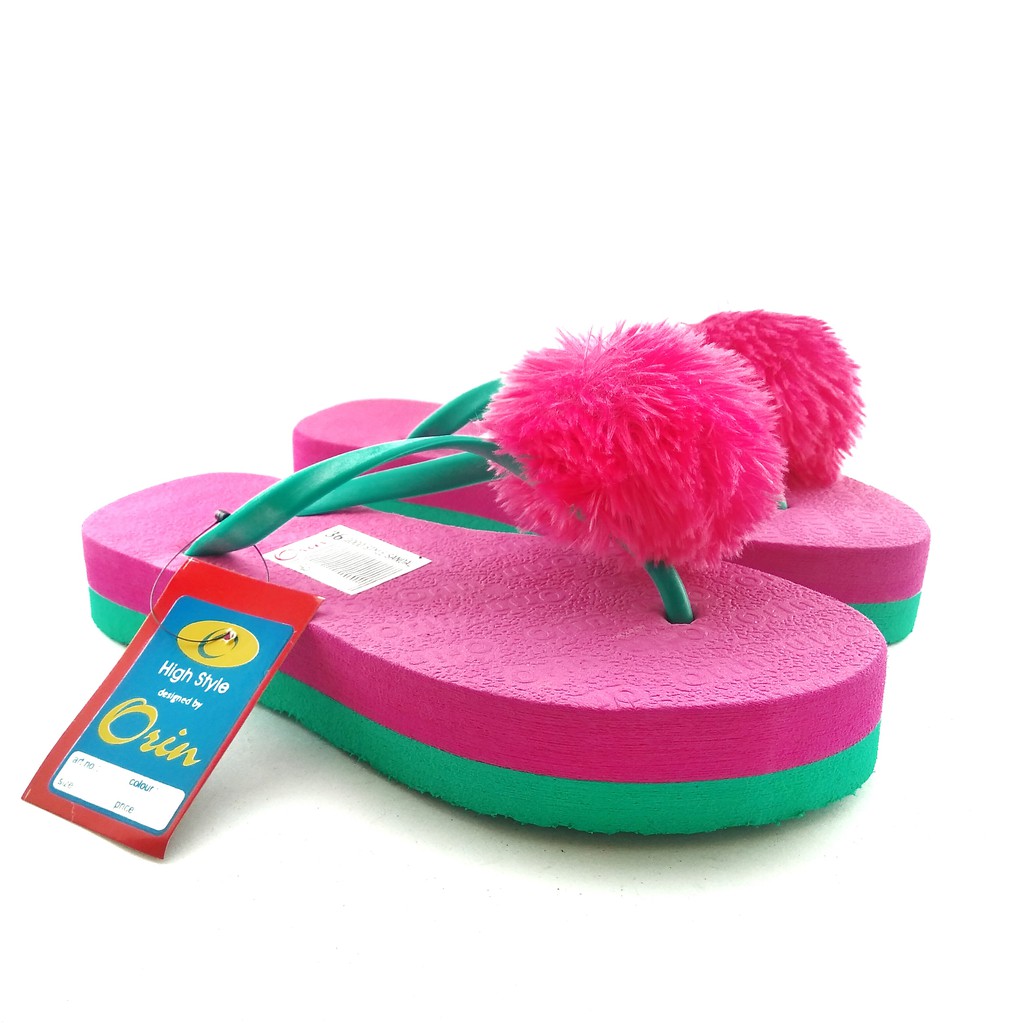 Sandal Wedges Datar Oshin PomPom / Sandal Jepit Wejes Bulu-3