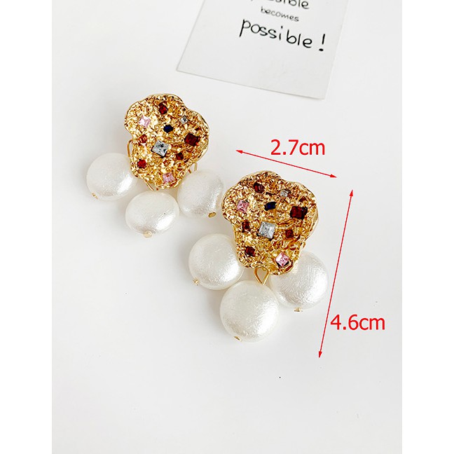 LRC Anting Tusuk Fashion Gold Alloy Diamond Geometric Shaped Pearl Tassel Stud Earrings D09599