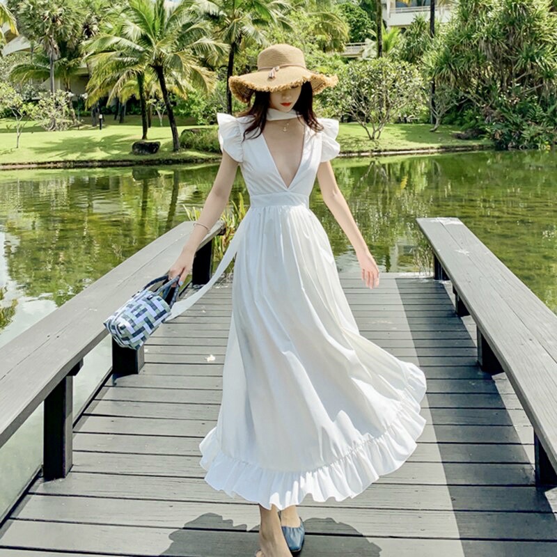 Geneve beach dress korean Ruffle slit dress long summer vintage white dress