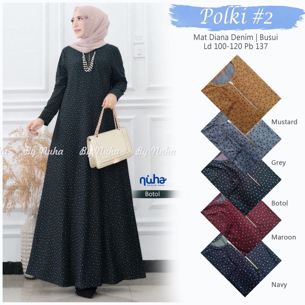 GAMIS POLKI #2 DIANA DENIM MELAR//GAMIS JUMBO LD 100-120CM, BUSANA WANITA MUSLIM, GAMIS POLKADOT HIG