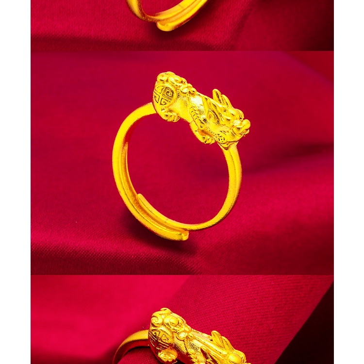 Cincin Emas Asli Kadar 375 Matte Sandblasted Pixiu Dapat Disesuaikan Untuk Wanita