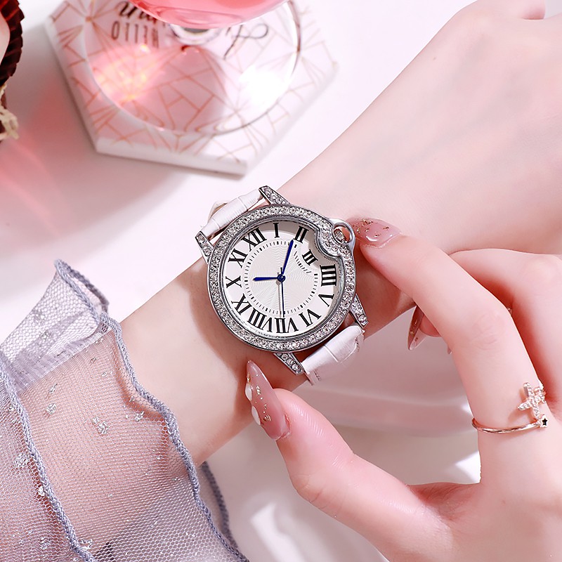 Jam Tangan Wanita Strap Kulit Dial Bulat Romawi Analog Fashion Quartz Korean Import