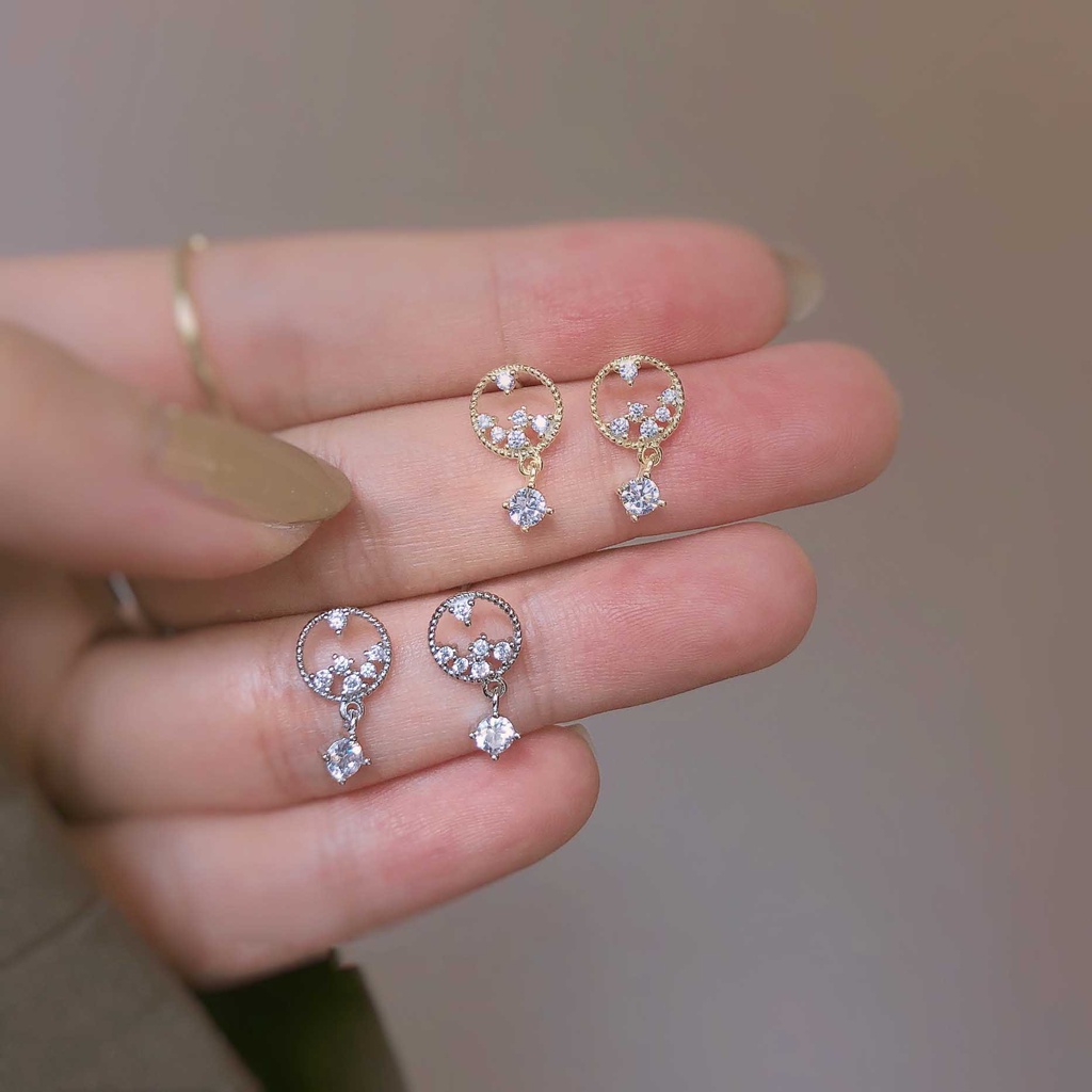 Anting Tusuk Gantung Bahan Sterling Silver 925 + Titanium Steel Hias Zircon Gaya Korea / Simple Untuk Wanita