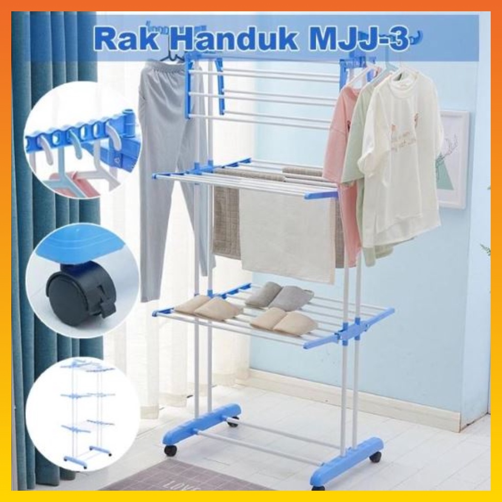 Jemuran Baju Lipat 3 Tingkat Rak jemuran Handuk stand hanger 3 tingkat beroda WHFURNITURE