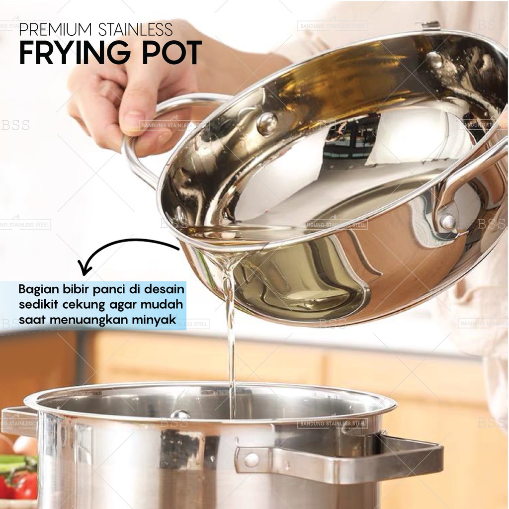 Frying Pot 3.4L Panci Wajan Goreng Tempura Udang Thermometer Premium Stainless Tray Peniris Minyak