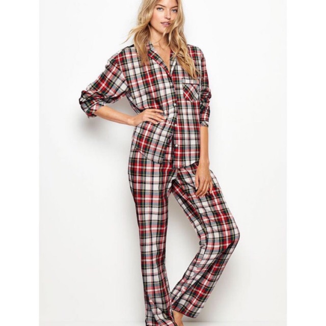 VICTORIA'S SECRET FLANNEL PAJAMAS LOUNGE PJ SET WHITE GREEN BLACK PLAID