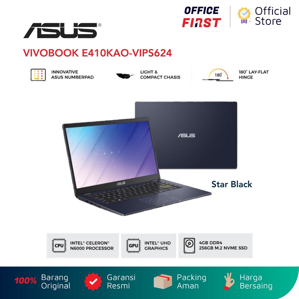 ASUS VIVOBOOK E410KAO-VIPS624 ( Star Black / Hitam ) Laptop 14&quot; FHD VIPS / Pentium Silver N6000 / 4GB / 256GB / Numberpad / WIN 11 / E410KAO VIPS624