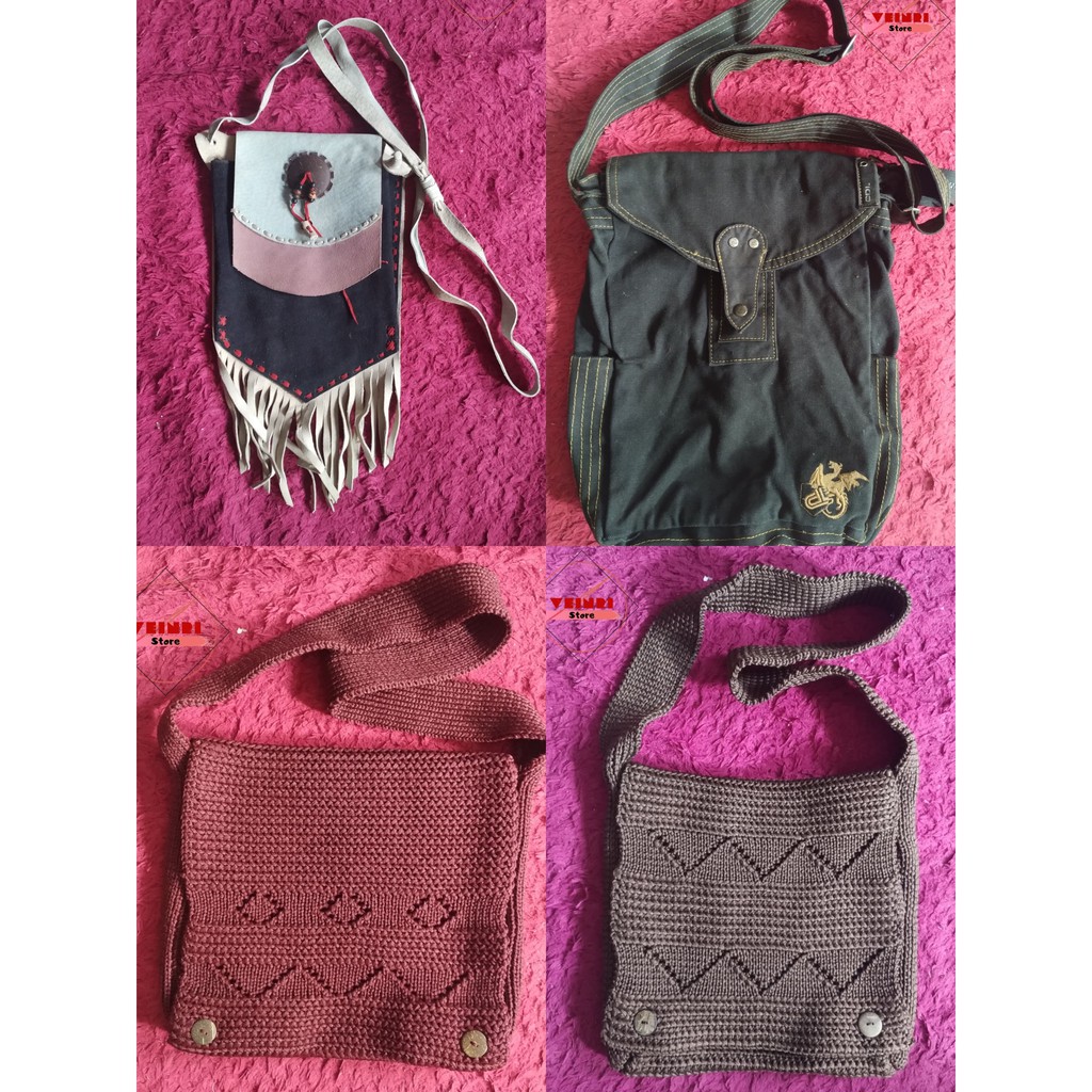 Tas selempang rajut, tas selempang kulit etnik, tas selempang kain (tas preloved)