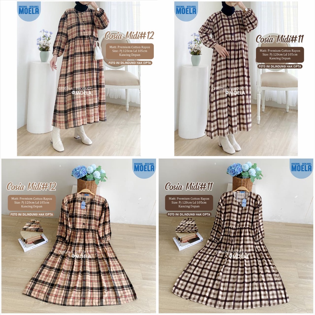 Cosia midi  RAYON MOTIF KOTAK KOTAK ORIGINAL MOELA /dress korea terkini