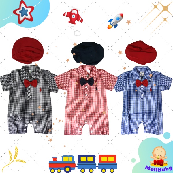 Baju Bayi Laki Laki 0 3 6 Bulan Romper Jumper Bayi Dasi Topi Kotak Hector