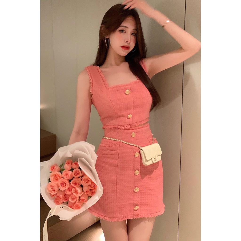 Suhao Musim Panas Baru Imperial Suster Xiao Fragrance Chic Set Perancis Retro Xiao Zhong Tea Break Balon Bunga String Dress