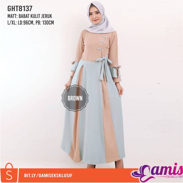GHT8137 Dress Pesta Gamis Remaja KEKINIAN Warna CETAR Tali Pinggang Pita Kupu Kain Crepe