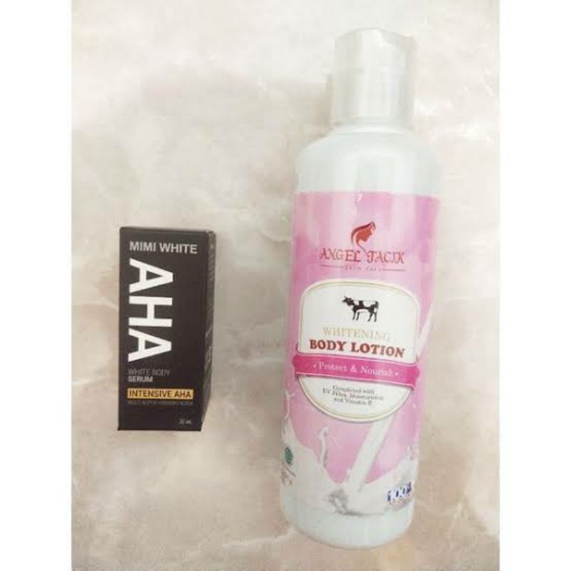 PAKET PEMUTIH BADAN BODY LOTION ANGEL TACIK + MIMI WHITE AHA BODY SERUM ORIGINAL BPOM