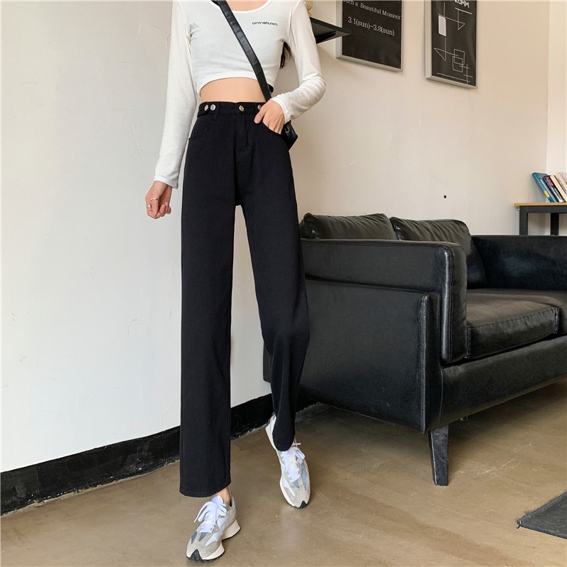 High Waist Celana Jeans Panjang wanita denim straight pants Korean style