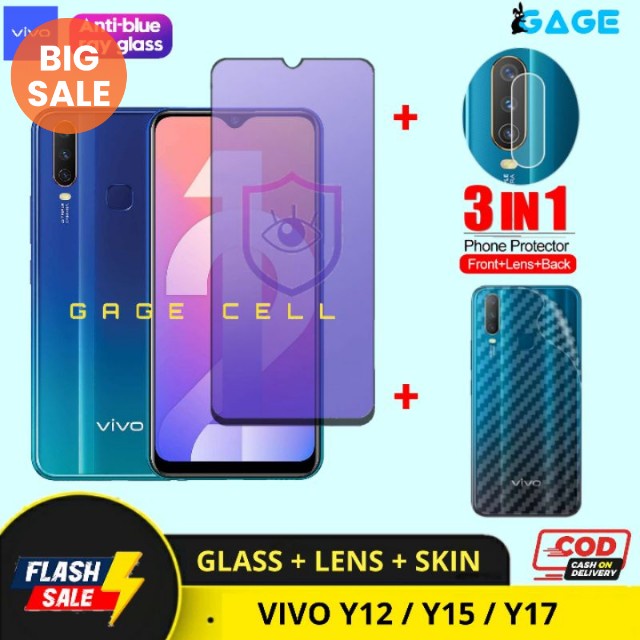 3 IN 1 Tempered Glass Anti Blue Light Full Layar Vivo Y12 Y15 Y17 Tg Anti Gores Radiasi Premium