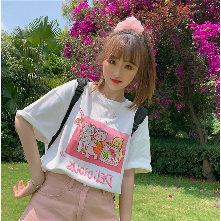 KBS-92 kaos oversize cute cartoon bear print t-shirt import korea jepang