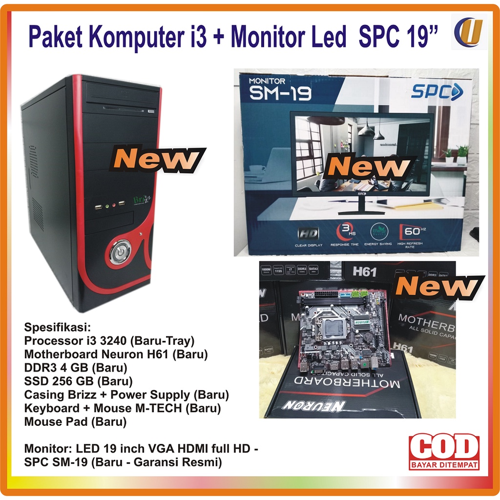 Paket Komputer i3 (Baru) + Monitor LED 19 inch VGA HDMI full HD SPC SM -19 (Baru), Siap Pakai