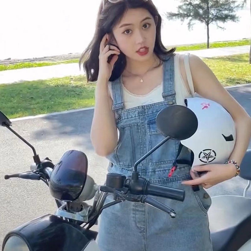 Tren awal musim gugur versi Korea dari overall denim kasual kecil baru tren celana one-piece wide-le