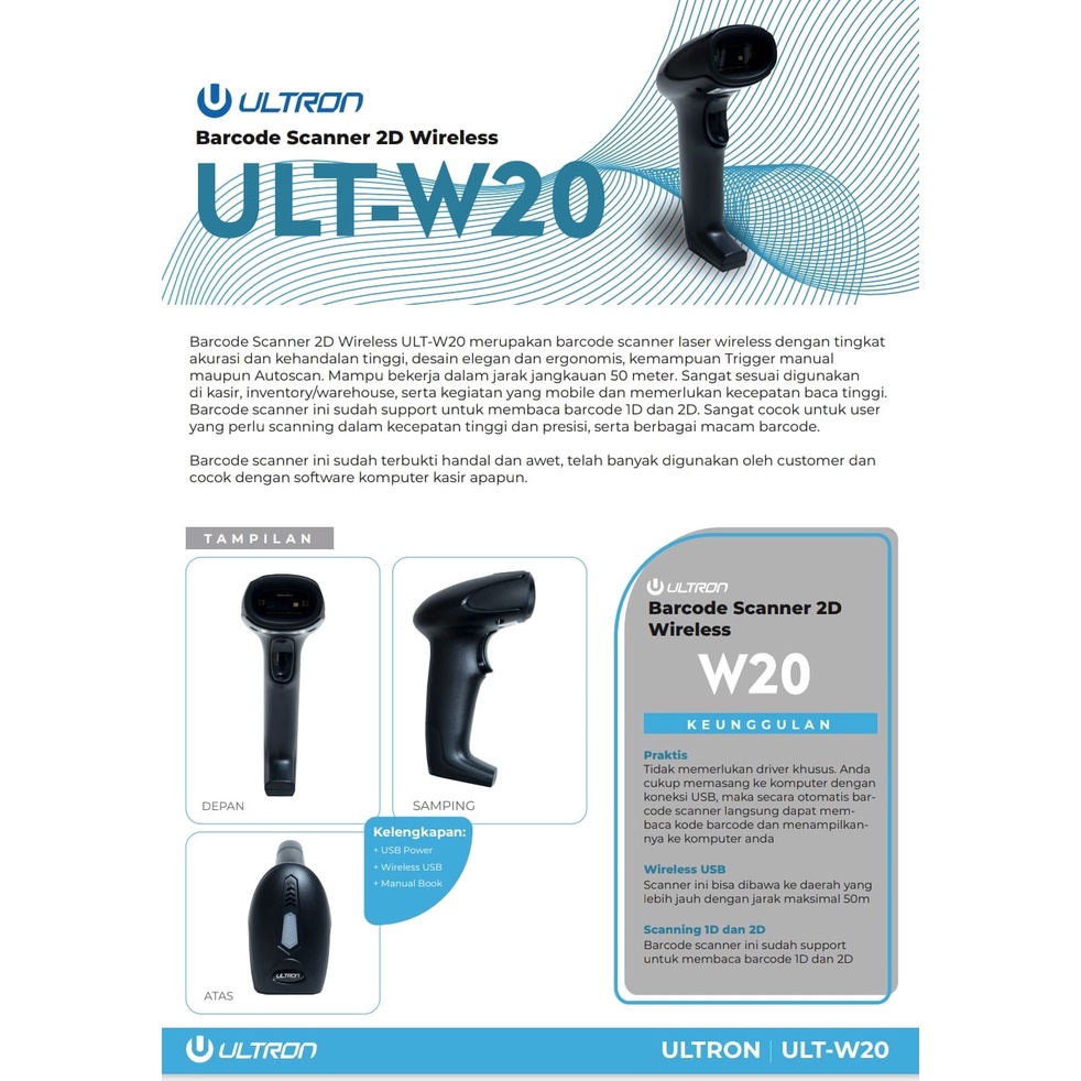 BARCODE SCANNER 2D QR CODE EFAKTUR ULTRON 2D WIRELESS W20