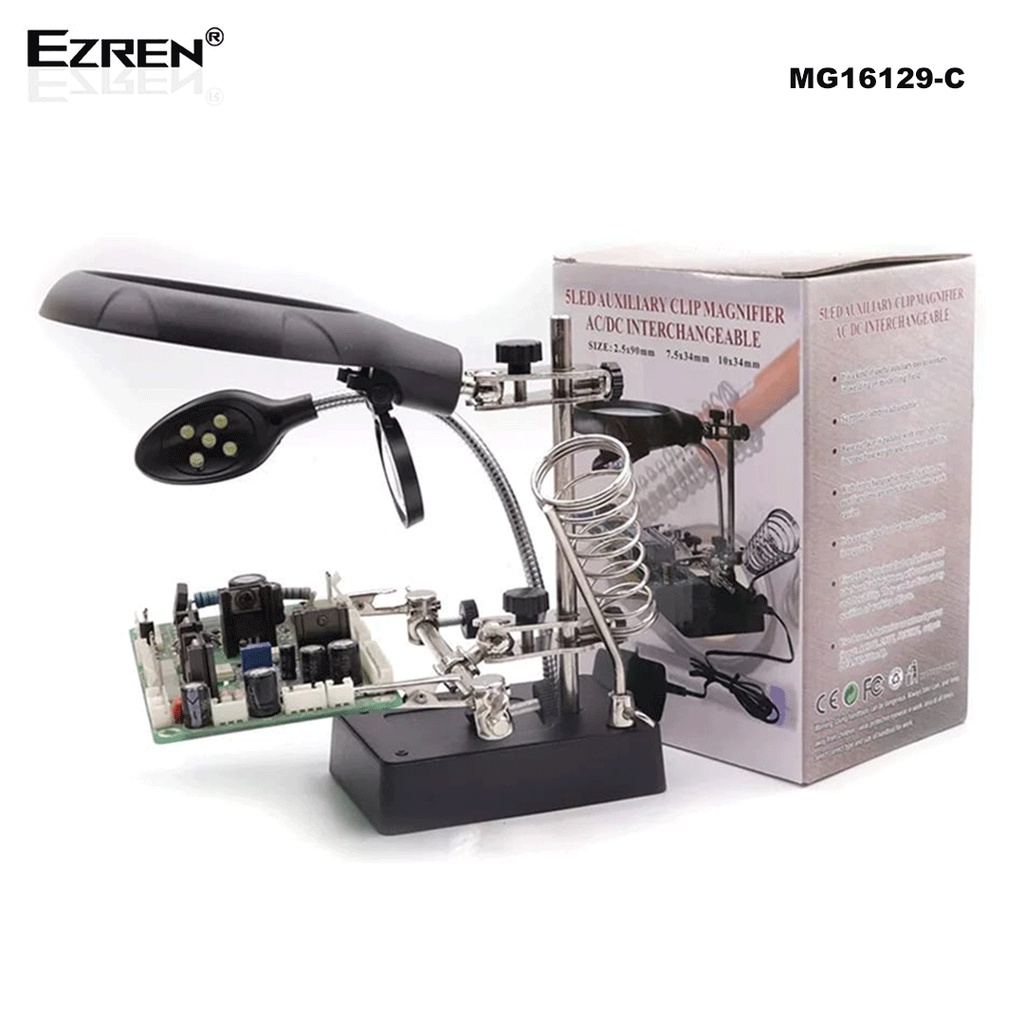 Ezren MG16129-C Penjepit PCB Kaca Pembesar Dudukan solder Lampu 5 in 1