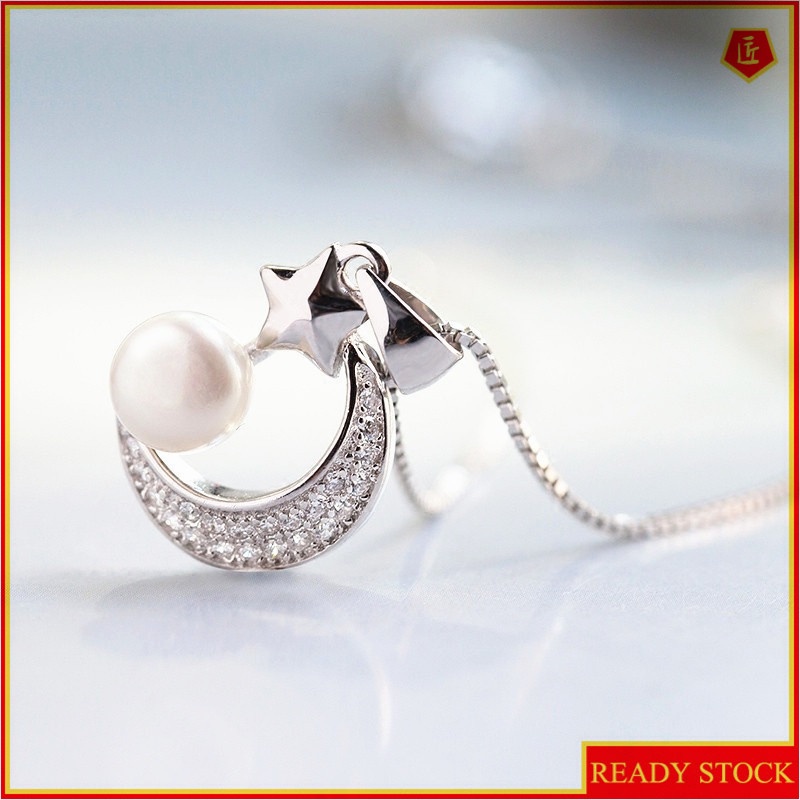 [Ready Stock]Fashion Silver Plated Simple Graceful Pearl Star and Moon Pendant Necklace