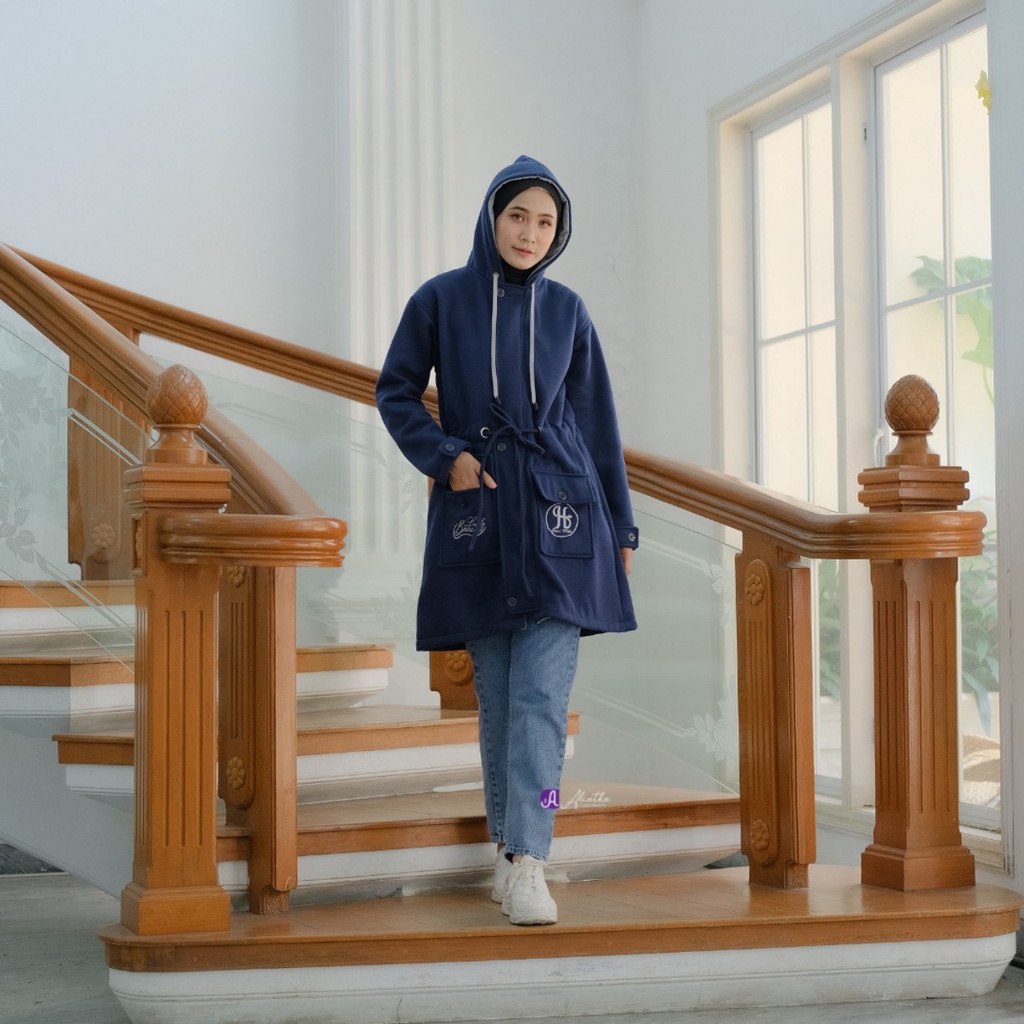 Jaket Panjang Outer Wanita Muslimah Hijab Hoodie Terbaru Kekinian-Navy