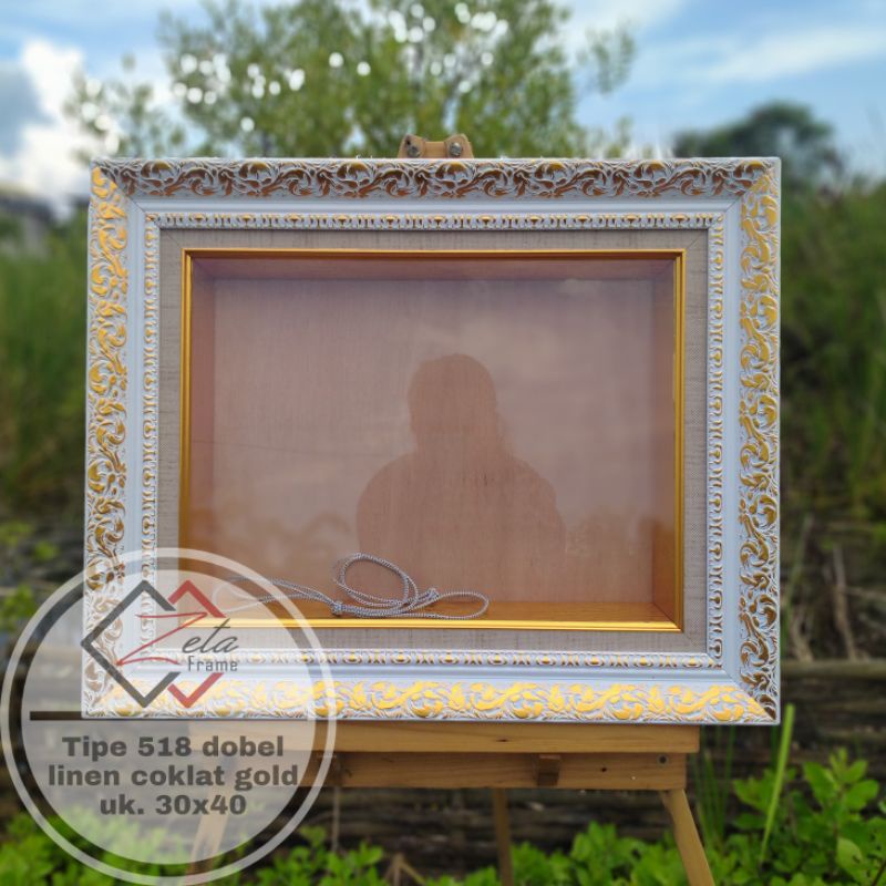 Tipe 518 Putih gold dobel linen coklat gold uk. 30x40 - Pigura mahar ukir - Bingkai mahar modern