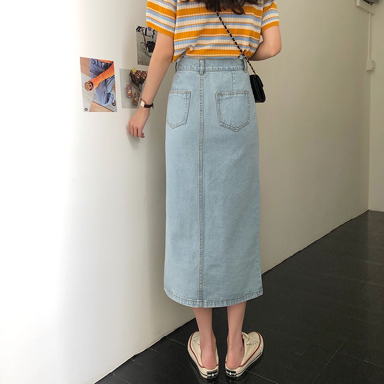 Korean Style Slit Rok Denim Panjang Wanita A-line Skirt Midi High Waist