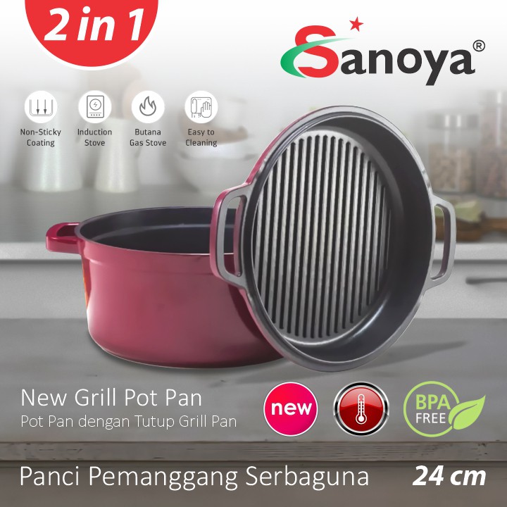 SANOYA GRILL POT PAN 24 CM - Panci Masak Pemanggang 2 in 1 Serbaguna