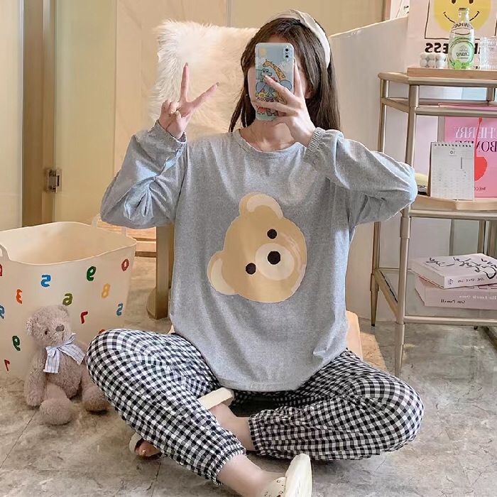 AJW Shop Setelan Wanita Import Joger | Setelan Baju Tidur Wanita | Piyama Wanita-Bear Abu