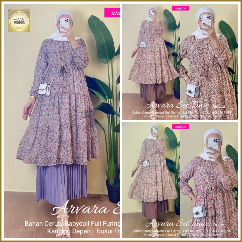 Setelan Tunik Ceruty Babydoll Wanita Arvara Set By Unique Stelan Rok Plisket Terbaru dan Kekinian LD