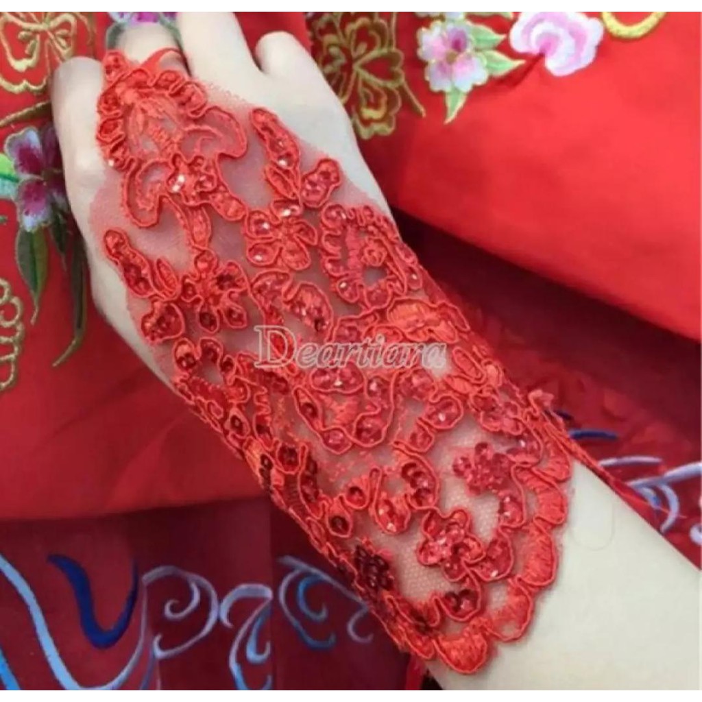 Henna White And Red Gloves -  Sarung Tangan Brukat Pengantin Pengganti Henna - Sepasang