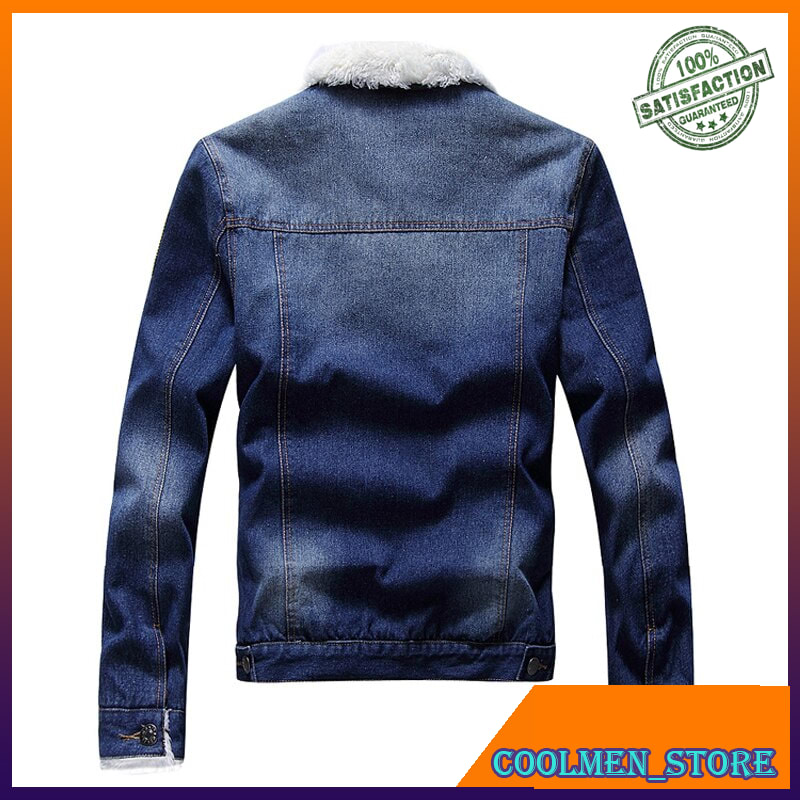 Jaket Jeans Pria / Jaket Denim Pria Fashion Winter Jacket Men Blue Color Patch Design Faux Wool