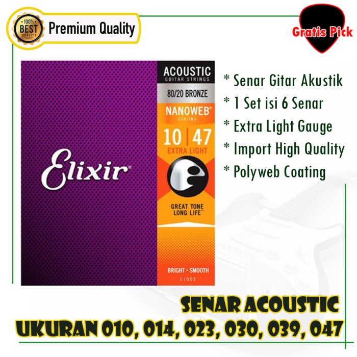 Senar Gitar Elixir Akustik Bronze Extra Light Ukuran 010 047 Nano Web