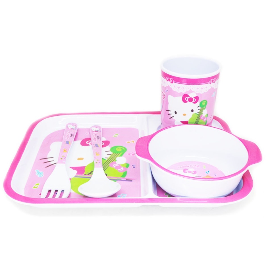 Vanda Hello Kitty Set Tempat Makan Anak Melamin Mangkuk Gelas Sendok Piring SNI