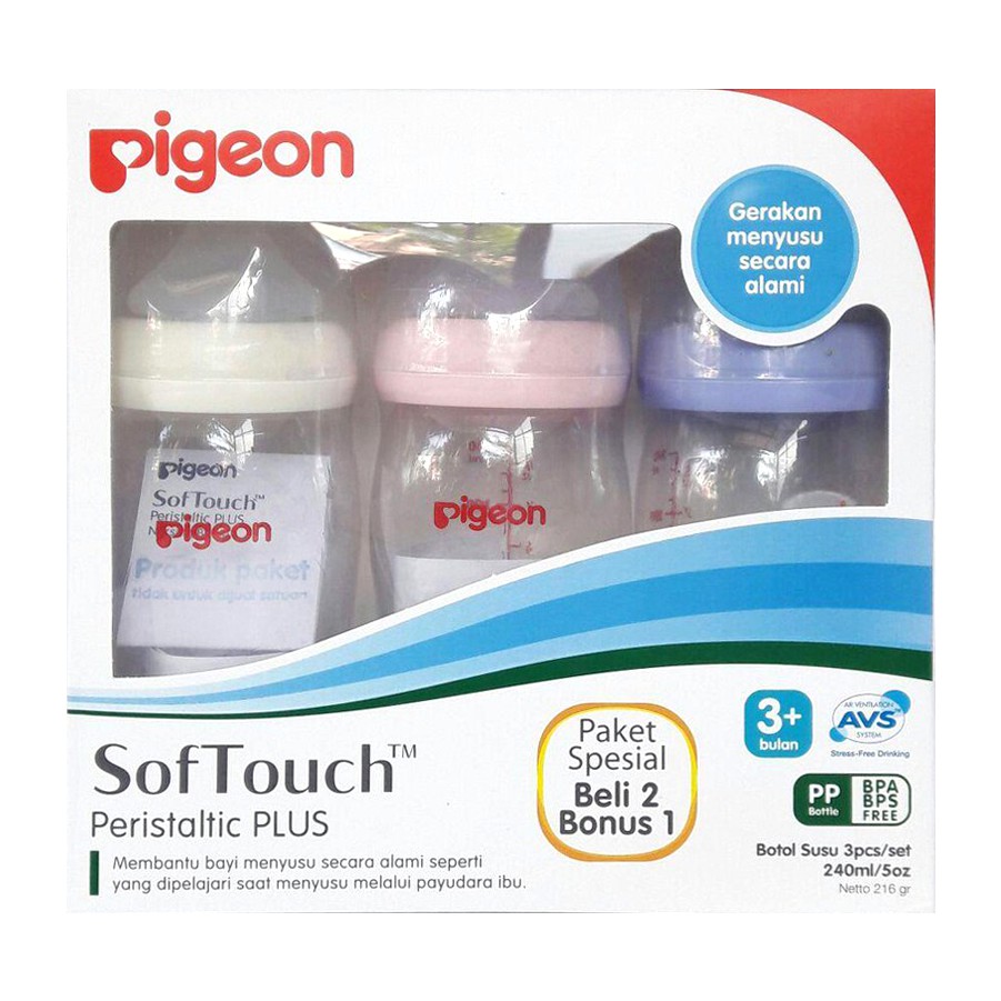 Pigeon SofTouch Peristaltic Plus PP Wide Neck Bottle Set Putih Pink Ungu 3 Pcs 3+ Bulan Botol Susu 240ml