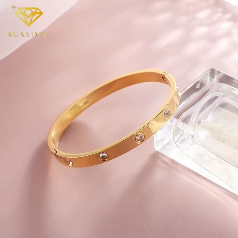 Titanium asli gelang wanita anti karat bulat Lapis emas 18k perhiasan berlian Bangle Premium