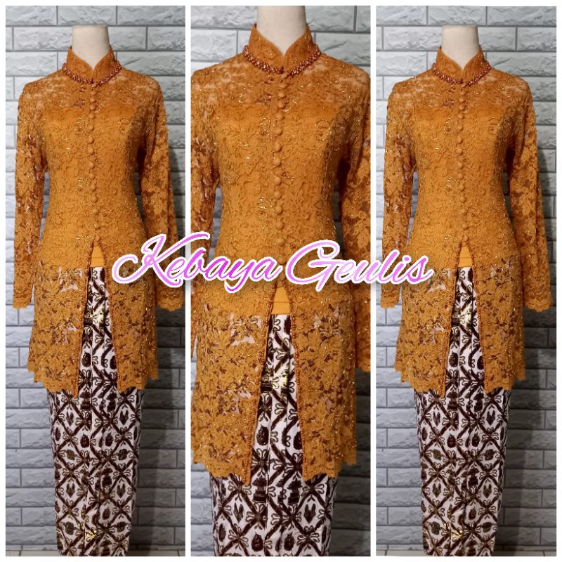 setelan kebaya brukat warna terbaru gold mewah kebaya cantik ibu besan+rok sidomukti