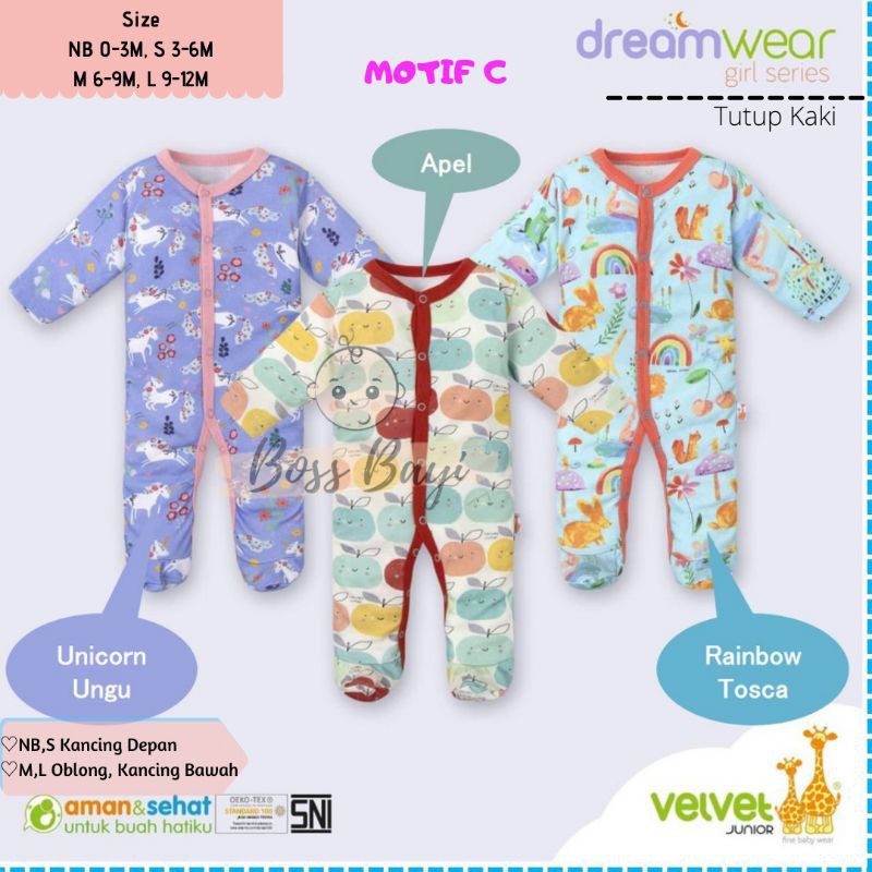 VELVET JUNIOR Dreamwear sleepsuit kancing depan/oblong kancing bawah tutup kaki NB,SML